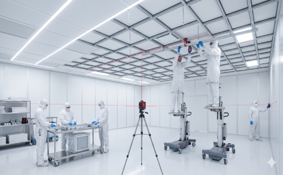Technical precision in cleanroom ceiling grid alignment using certified lifting equipment