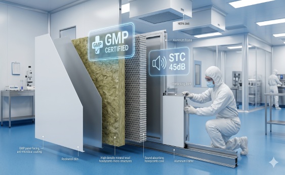 Technical structure of a GMP compliant cleanroom wall system showing soundproof fibers and interlocking joints