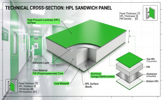 Technical cross-section of a high-performance hpl sandwich panel cleanroom wall material for sterile application areas
