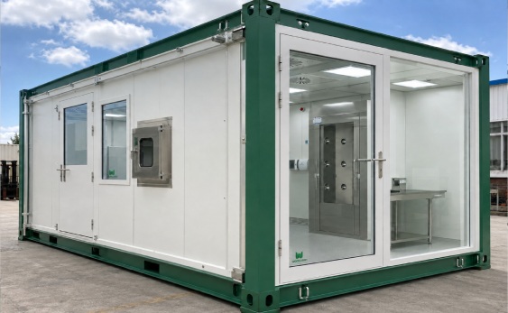 Container laboratory installation with clean room HEPA filters modular wall panels and portable clean room HVAC integration