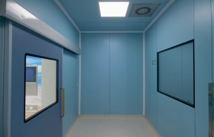 Cleanroom ceiling with sealed panels rectangular lights and air diffusers